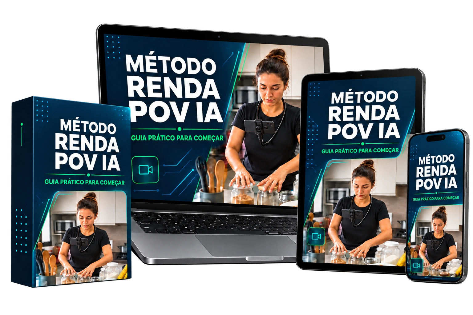 Mockup do Método Renda POV IA em caixa, notebook, tablet e celular
